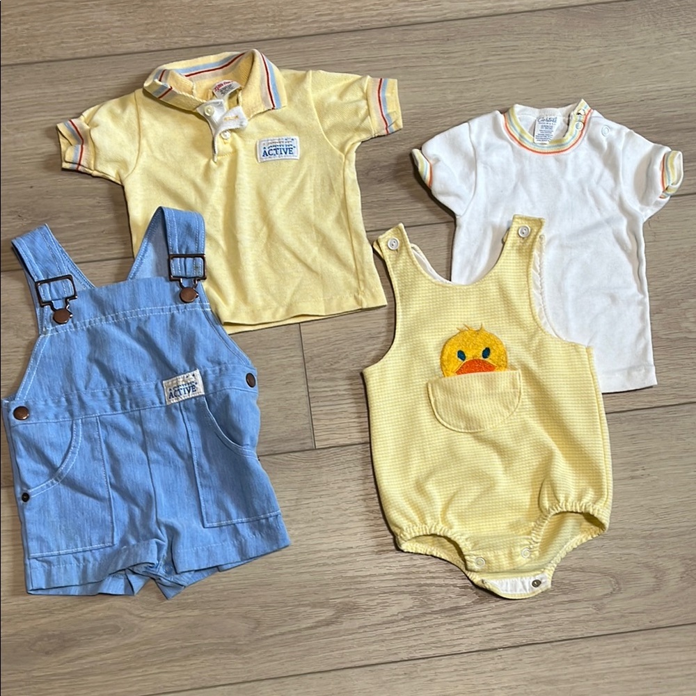 Vintage Yellow Duck Romper & blue overalls with matching shirts size 18 months